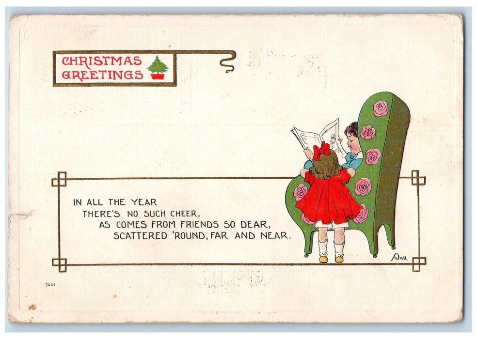 c1910s Christmas Greetings Children Reading Book Embossed Woonsocket RI Postcard