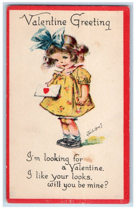 c1910's Valentine Greeting Little Girl Curly Hair With Letter Antique Postcard
