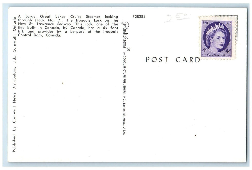 1960 Great Lakes Cruise Steamer Iroquois Lock St Lawrence Seaway Canada Postcard