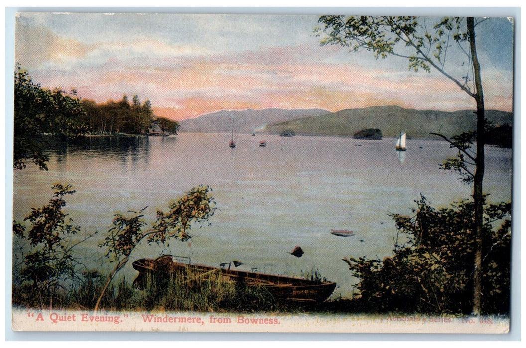 c1910 Boat Scene A Quiet Evening Windermere from Bowness England Postcard