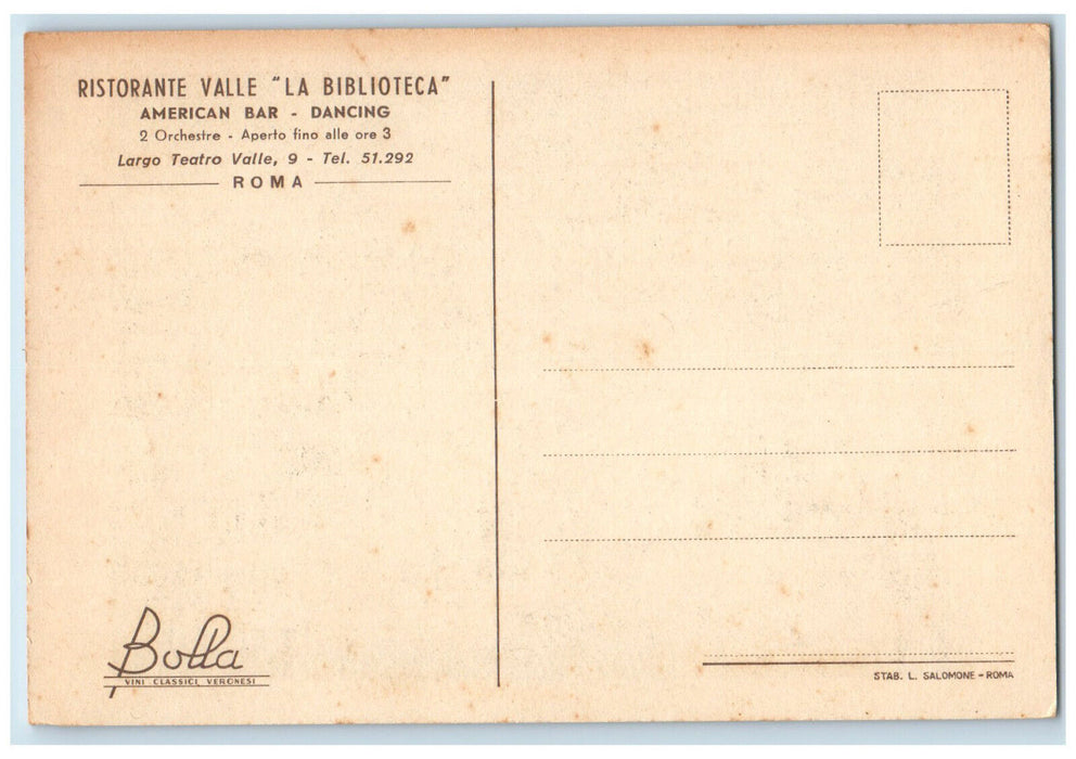 c1950's Ristorante Valle "La Biblioteca" American Bar Roma Italy Postcard