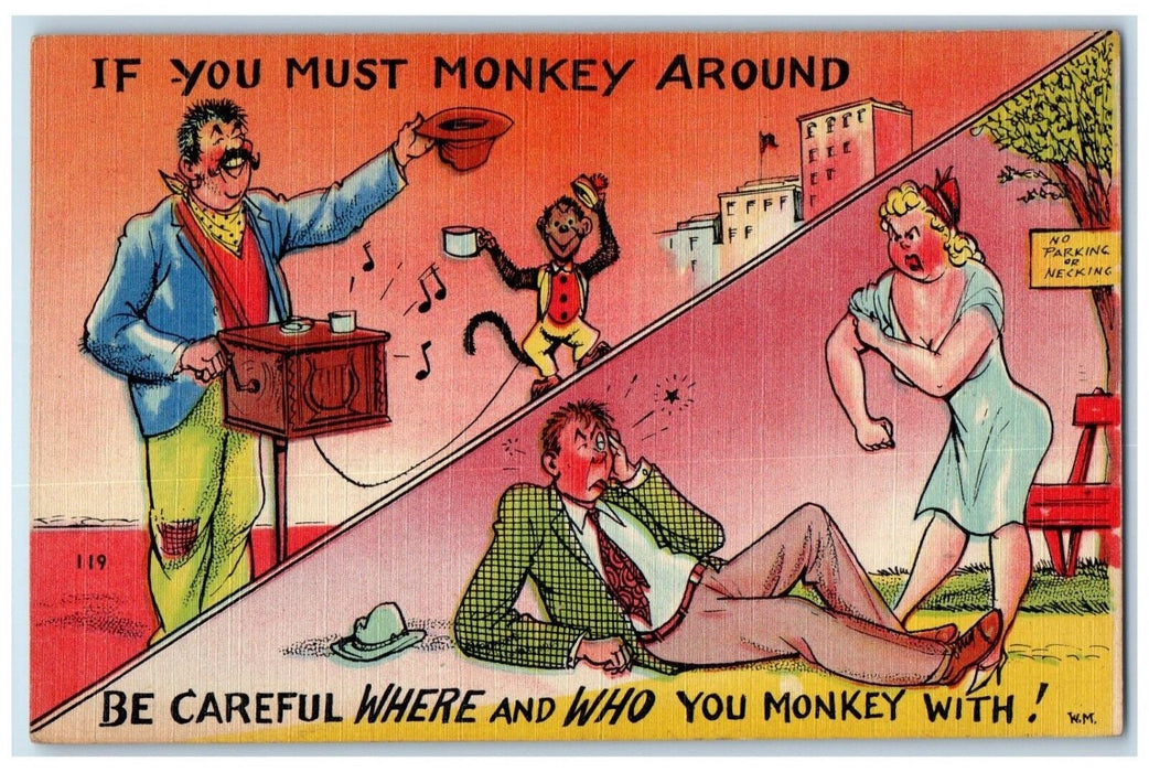 c1930's Monkey Music Hat Couple Fighting Munson Unposted Vintage Postcard