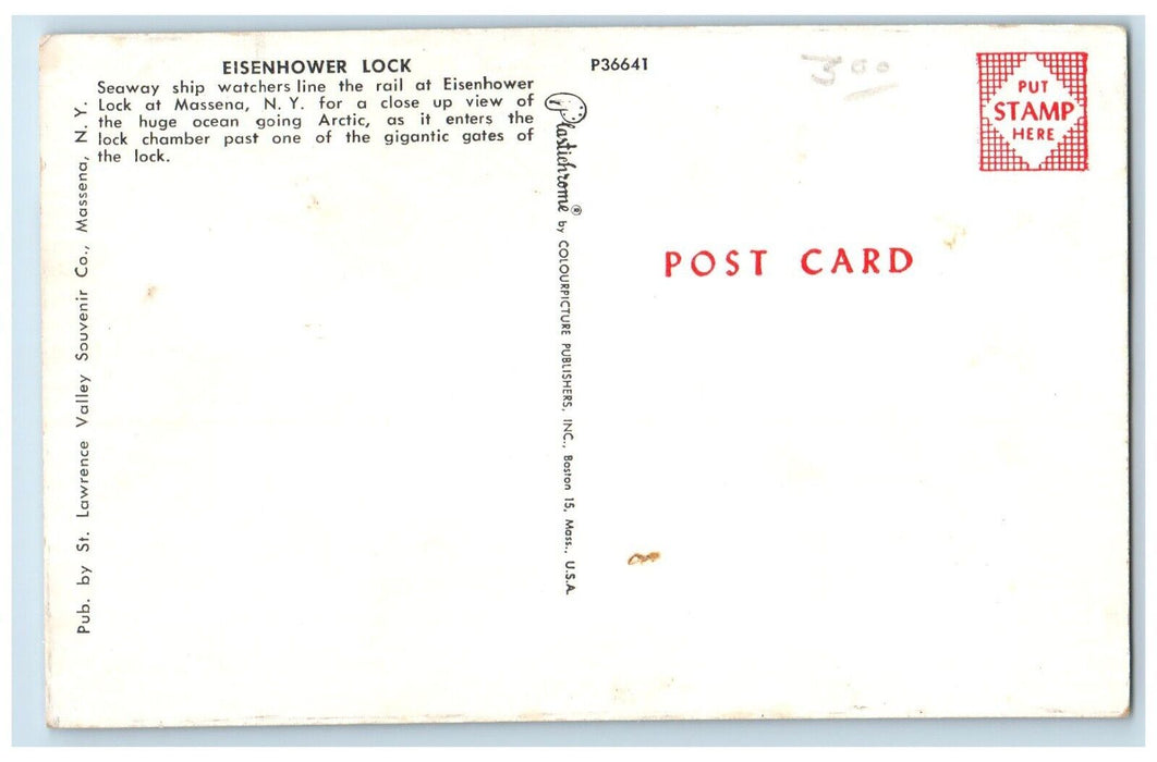 c1960 Seaway Ship Watchers Eisenhower Lock Arctic Ship Massena New York Postcard