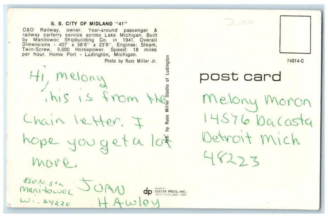 c1960 SS City Midland 41 C&O Railway Steamer Ship Ludington Michigan MI Postcard