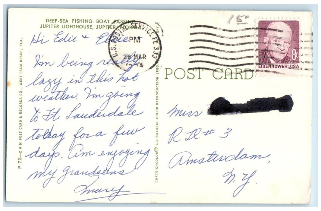 1974 Deep Sea Fishing Boat Passing Jupiter Lighthouse Jupiter Florida Postcard