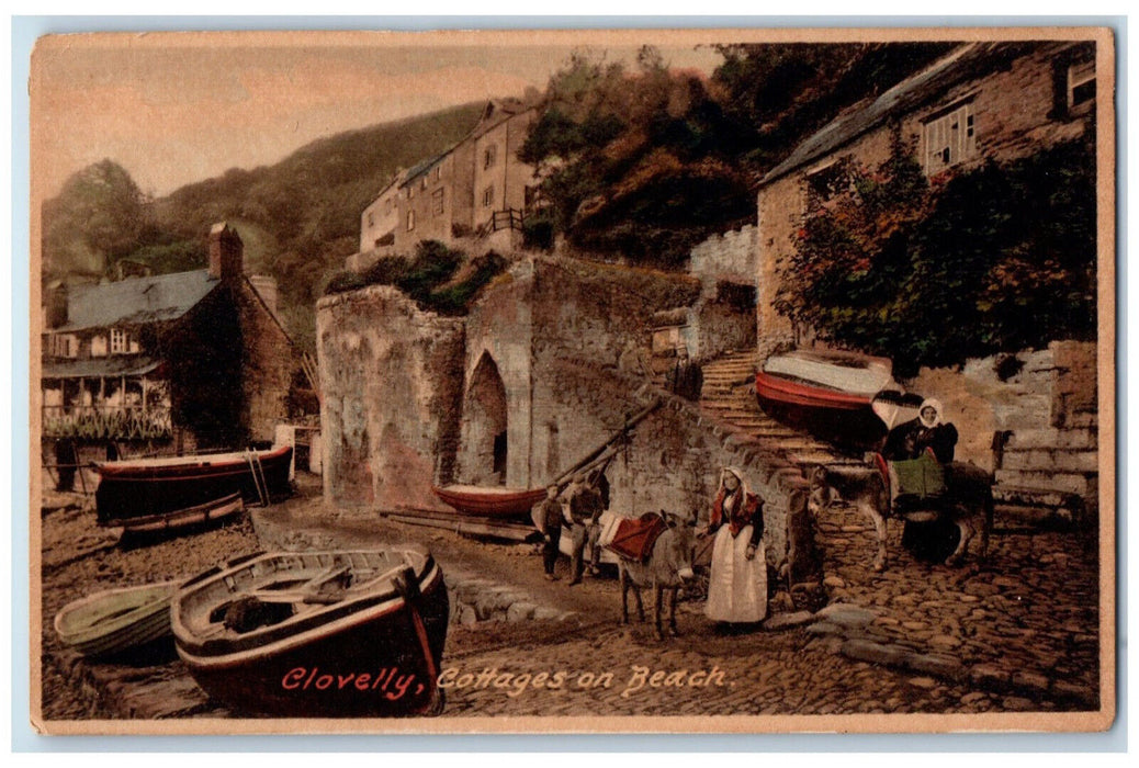 c1940's Boat on Landing Cottages on Beach Clovelly Devon England Postcard