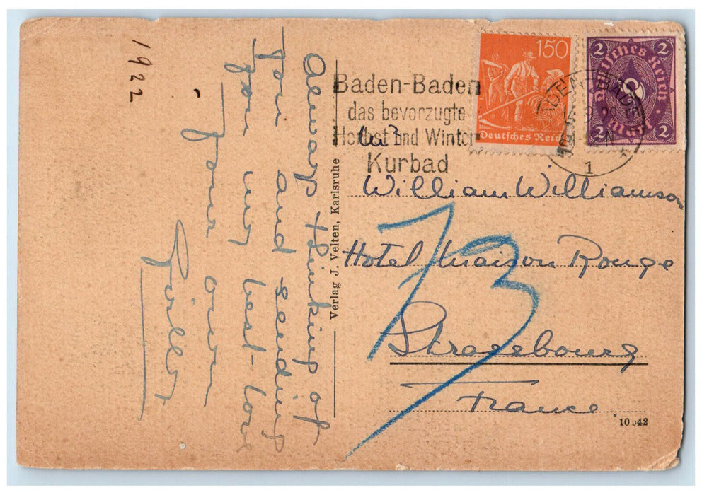 1922 Baden-Baden seen from the Friedrichshöhe Sachsenbrunn Germany Postcard