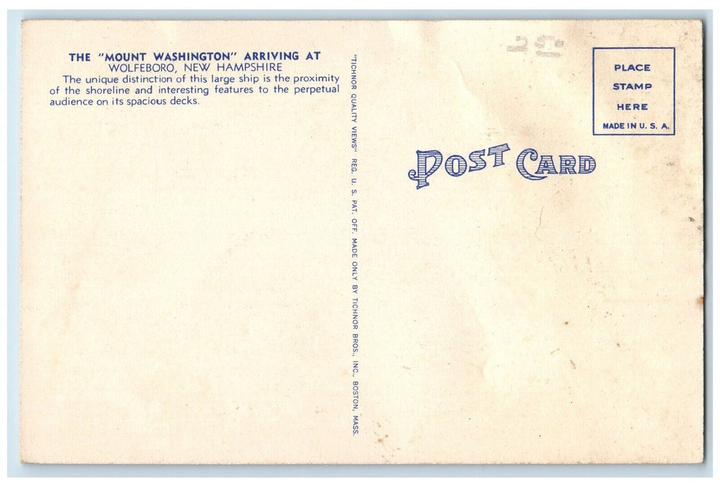 c1940 MV Mt Washington Arriving Wolfeboro Winniepesaukee New Hampshire Postcard