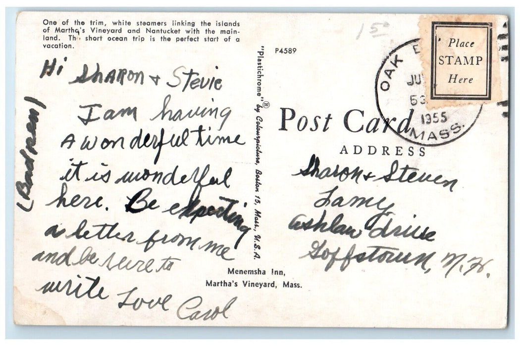 1955 Menemsha In Martha Vineyard Cruise Ship Massachusetts MA Antique Postcard