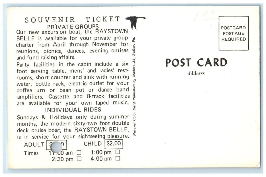 c1960 Seven Point Marina Cruise Boat Raystown Belle Souvenir Ticket PA Postcard