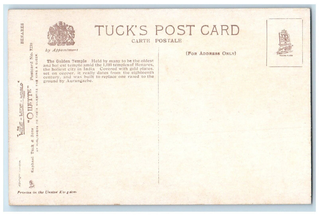c1910's The Golden Temple Benares Holiest City India Oilette Tuck's Postcard