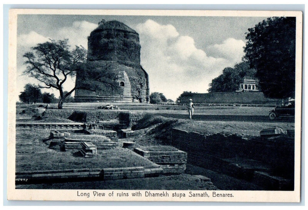 c1910's Long View Of Ruins With Dhamekh Stupa Sarnath Benares India Postcard