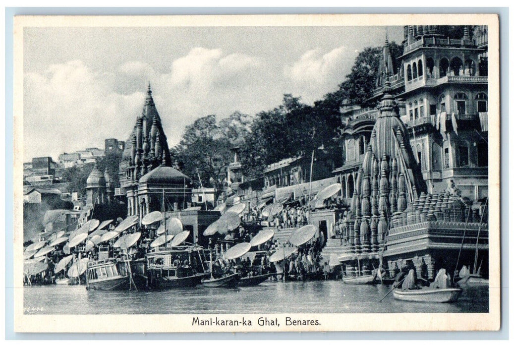 c1910's Mani Karan Ka Ghat Boats Buildings Benares India Antique Postcard