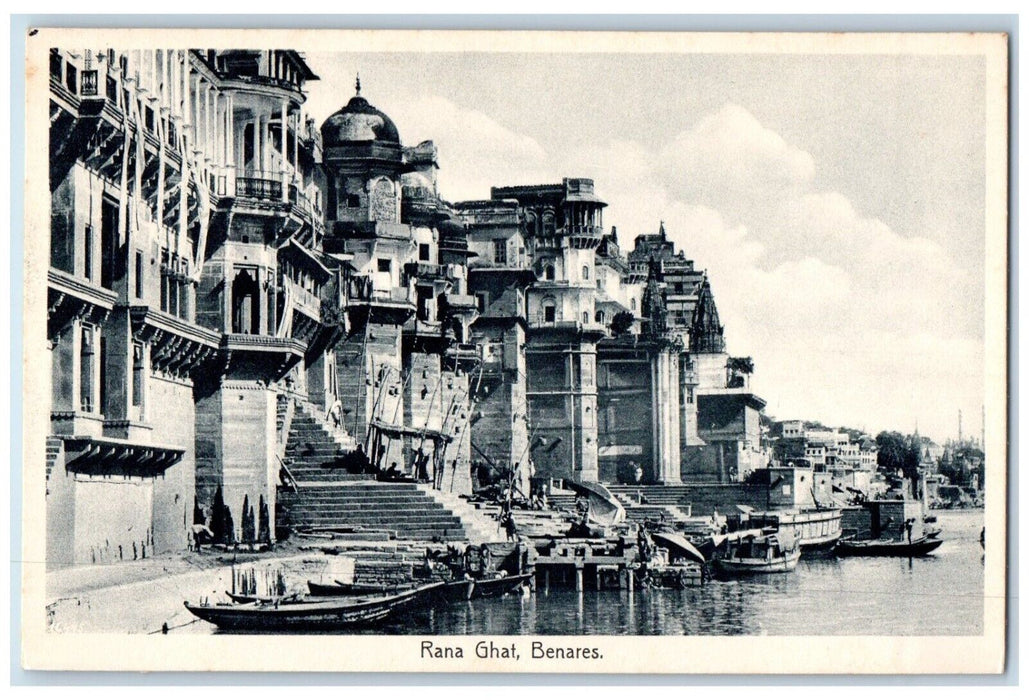 c1910's View Of Rana Ghat Boats Buildings Central Benares India Antique Postcard