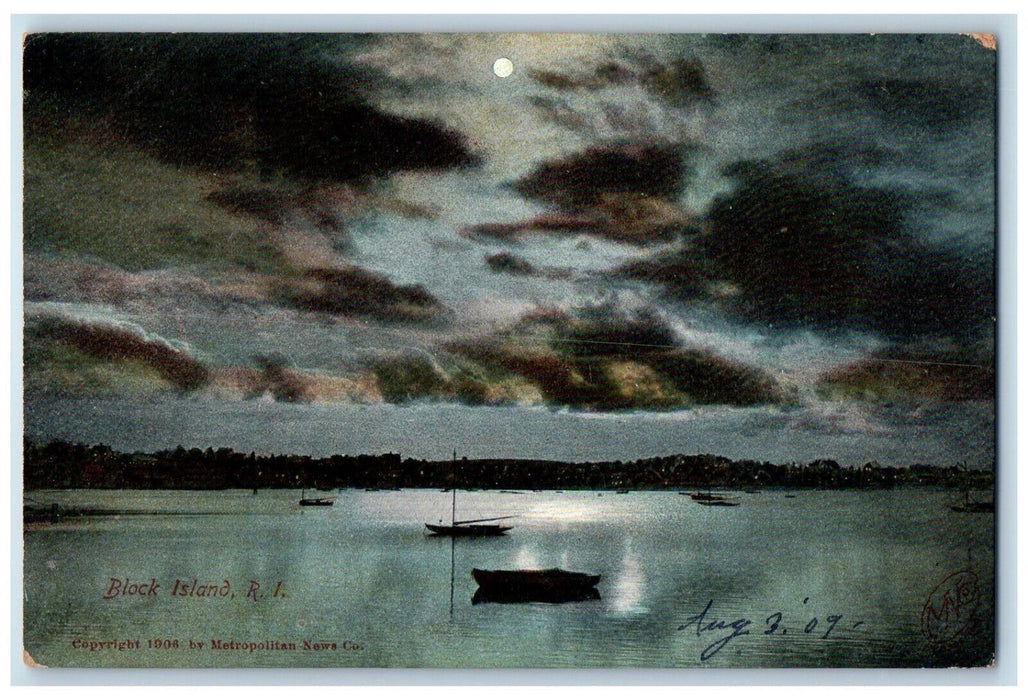 c1905 Block Island Night Canoe Moon  Lake Rhode Island Vintage Antique Postcard