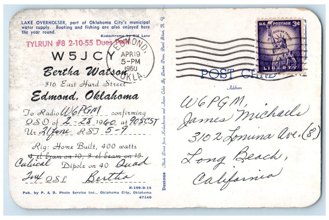 1960 Lake Overholser Oklahoma City Municipal Water Supply Oklahoma OK Postcard