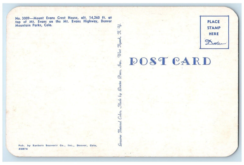 c1960 Mount Evans Crest House Highway Denver Mountain Parks Colorado CO Postcard