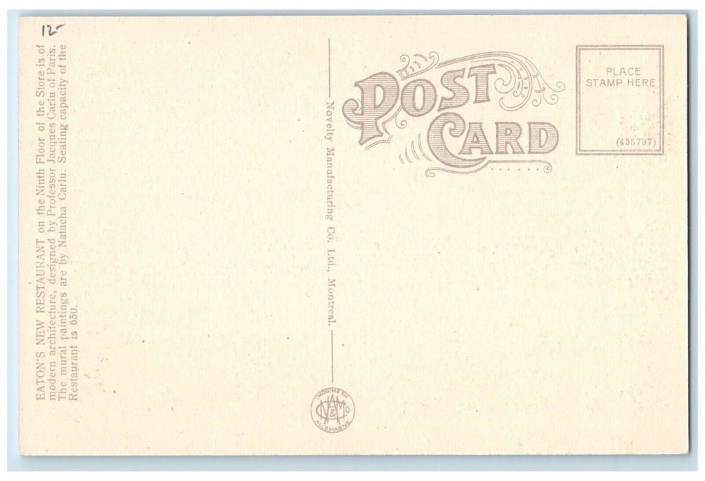 c1940 Eaton's New Restaurant Ninth Floor Store Natacha Carlu Montreal Postcard