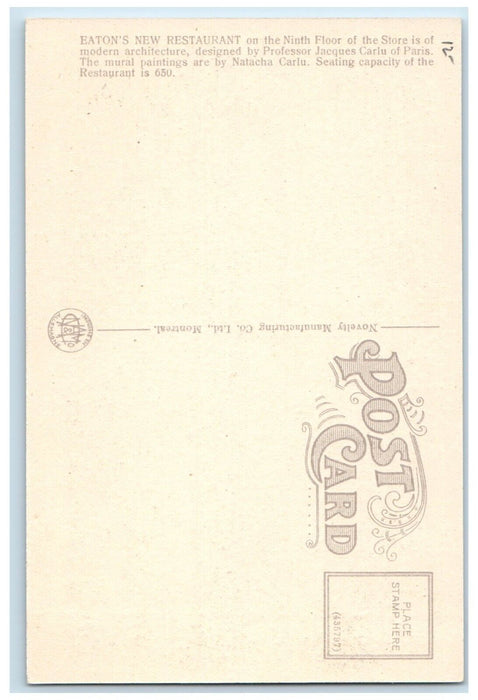 c1940 Eaton's New Restaurant Ninth Floor Store Natacha Carlu Montreal Postcard