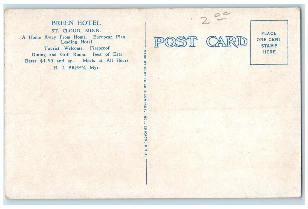 c1940 Breen Hotel St Cloud Building Sleep Safety Fireproof Minnesota MN Postcard