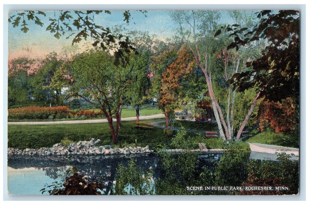 1915 Scene In Public Park Pond Lake Benches View Rochester Minnesota MN Postcard