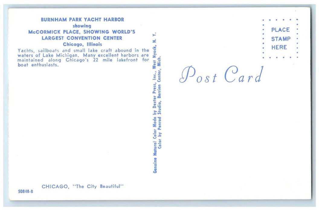 c1960 Burnham Park Yacht Harbor McCormick Place Center Chicago Illinois Postcard