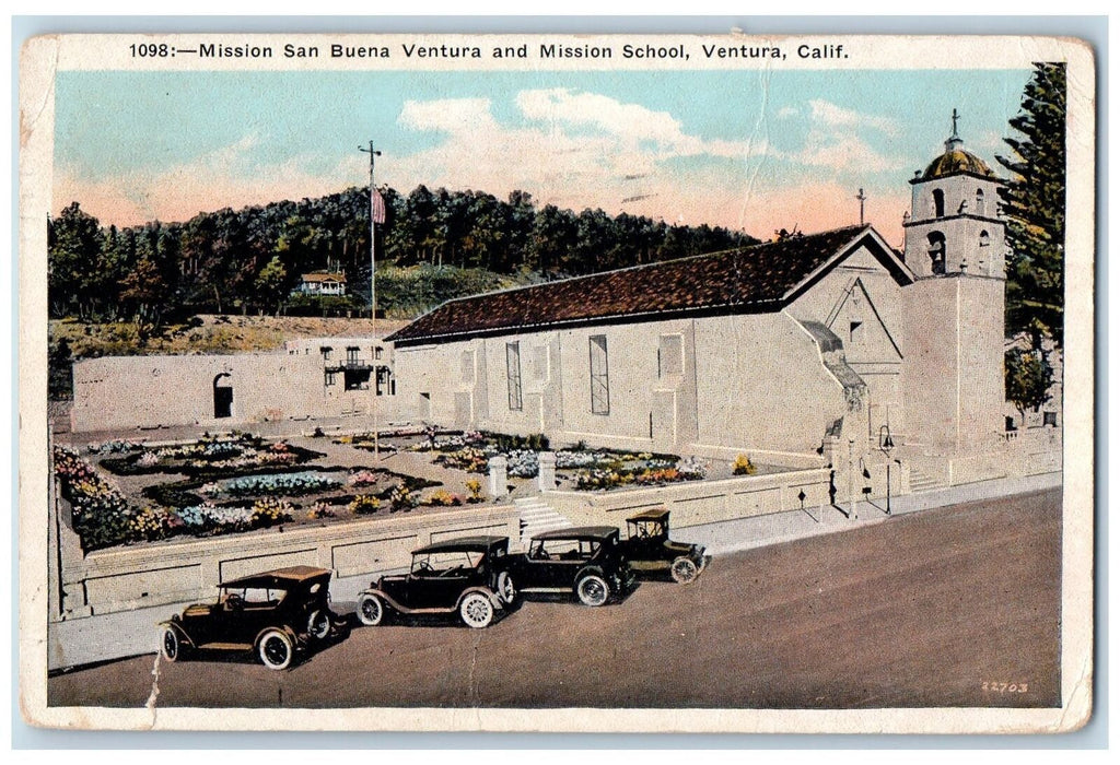 c1920 Mission San Buena Ventura School Campus Classic Cars Ventura CA Postcard