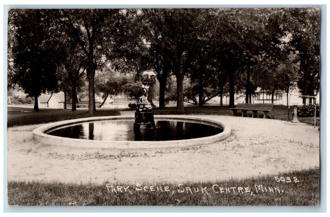 c1940's Park Scene Fountain Sauk Centre Minnesota MN RPPC Photo Posted Postcard
