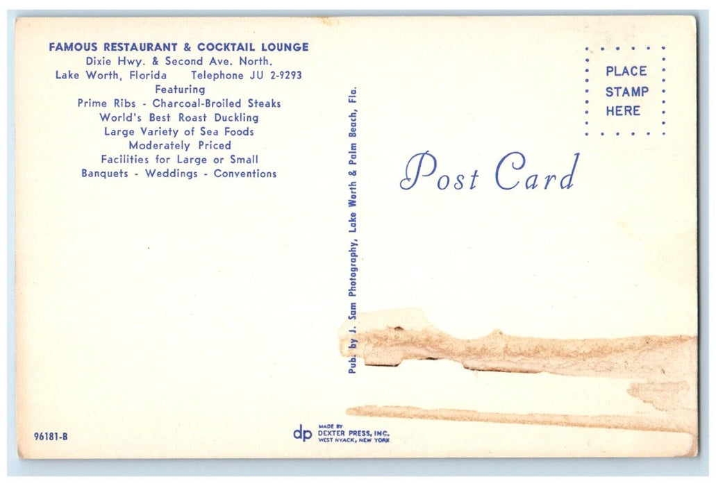 1960 Famous Restaurant Cocktail Lounge Dixie Highway Lake Worth Florida Postcard