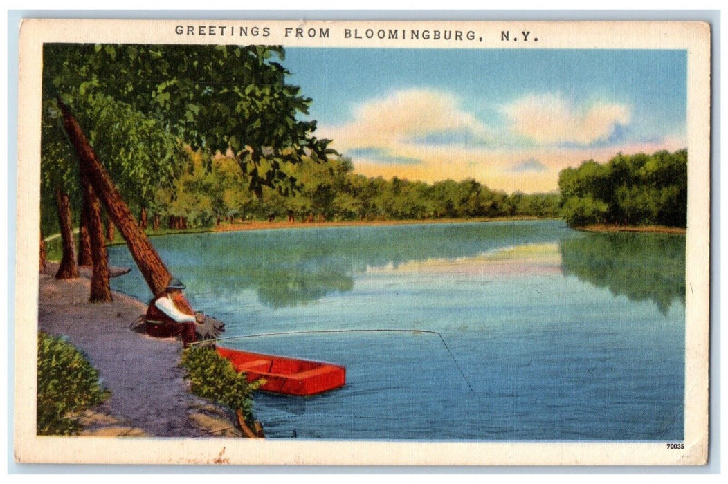 1952 Greetings From Bloomingburg Canoe Fishing Rod Boat River New York Postcard