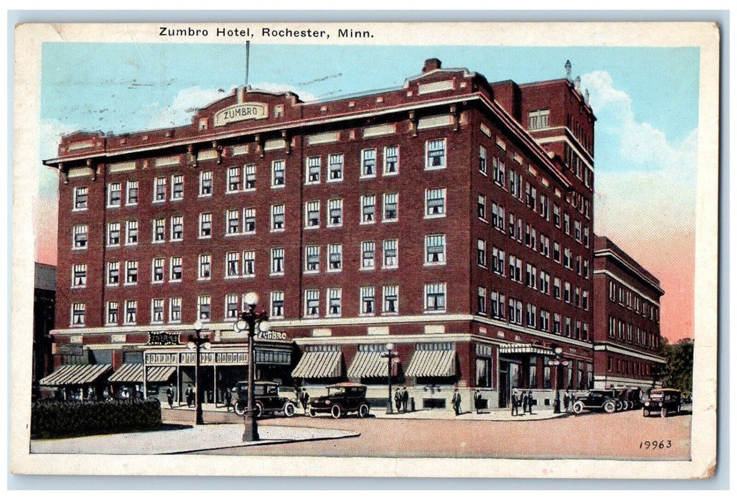 1926 Rear View Zumbro Hotel Building Classic Car Rochester Minnesota MN Postcard