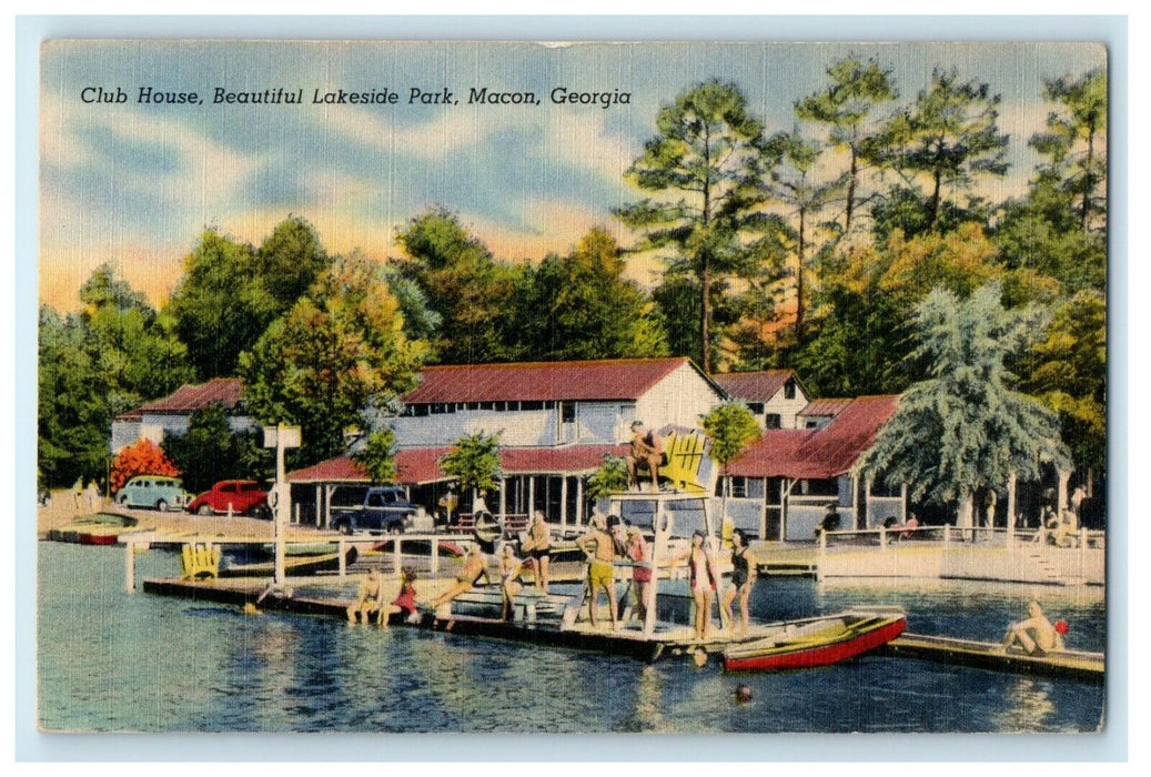 c1940's Club House Beautiful Lakeside Park Swimmer Macon Georgia GA Postcard
