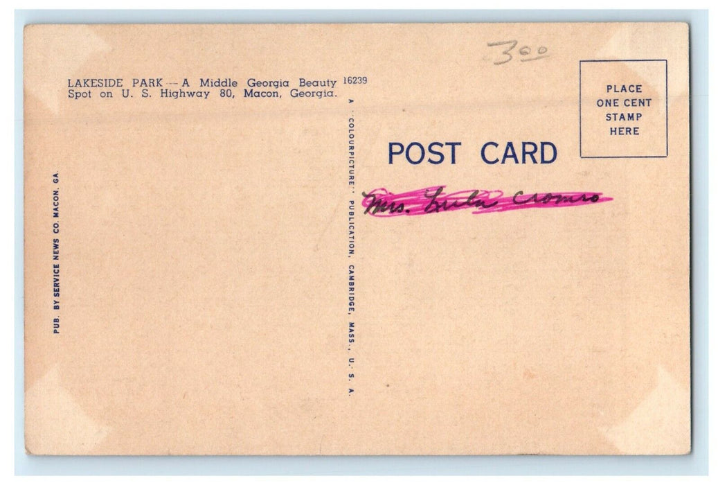 c1940's Club House Beautiful Lakeside Park Swimmer Macon Georgia GA Postcard