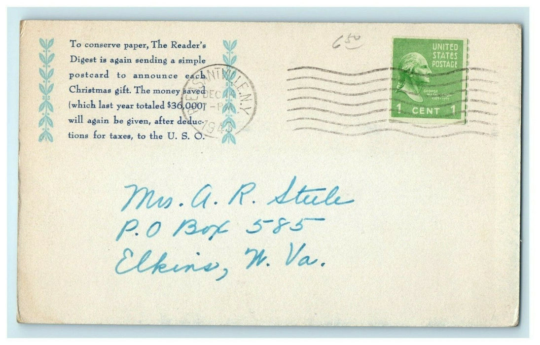 1943 Readers Digest Subscription Pleasantville New York NY Advertising Postcard