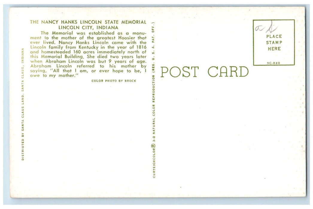 c1940's The Nancy Hanks Lincoln State Memorial Lincoln City Indiana IN Postcard