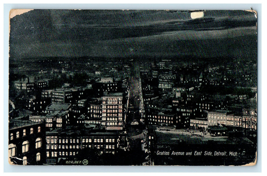 c1905s Gratios Avenue and East Side at Night, Detroit Michigan MI Postcard