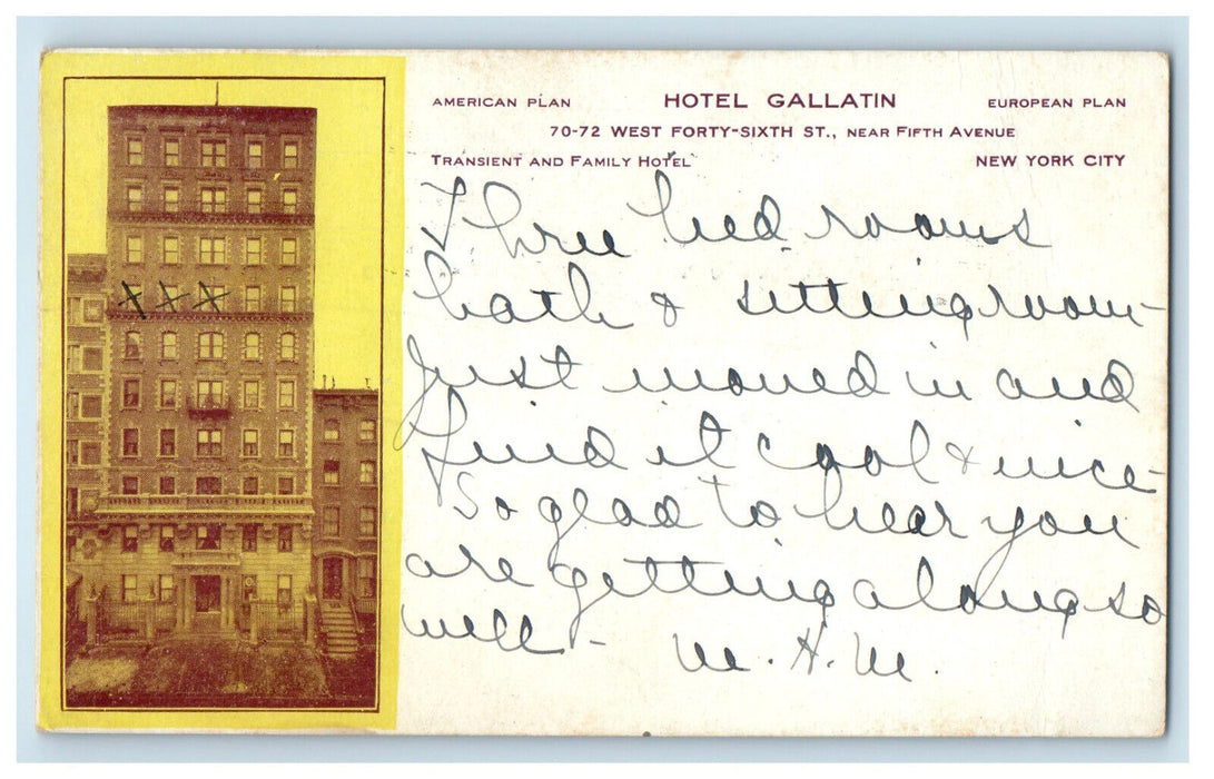 1909 Hotel Gallatin Transient and Family Hotel, New York NY PMC Posted Postcard