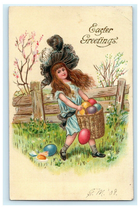 c1910 Girl Holding Easter Basket Egg Gold Hat Posted Antique Postcard