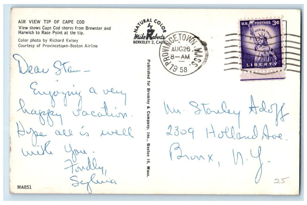 1958 Air Aerial View Tip Cape Cod Ocean Provincetown Massachusetts MA Postcard