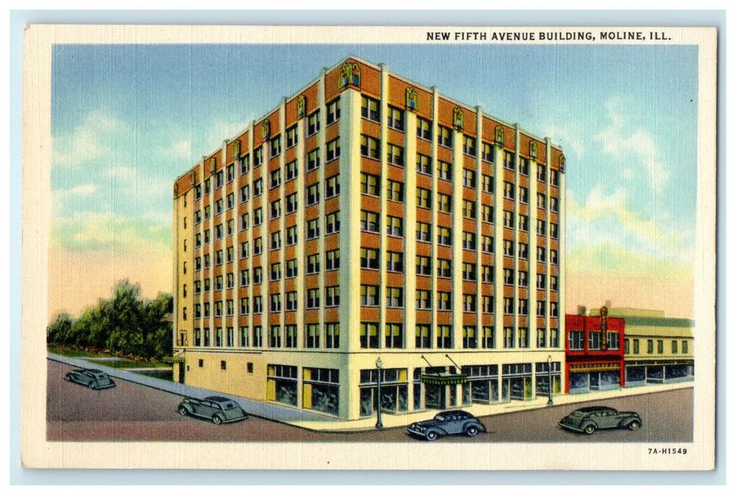 c1940's New Fifth Avenue Building Cars View Moline Illinois IL Vintage Postcard