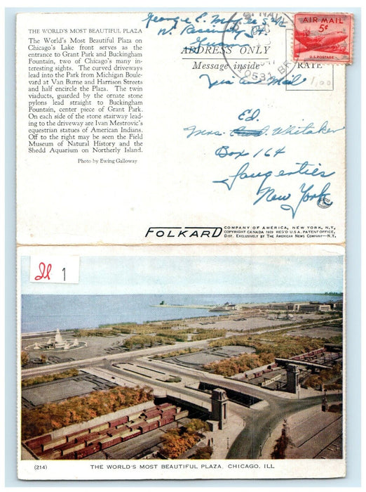 1947 The World's Most Beautiful Plaza Chicago Illinois IL Aerial View Postcard