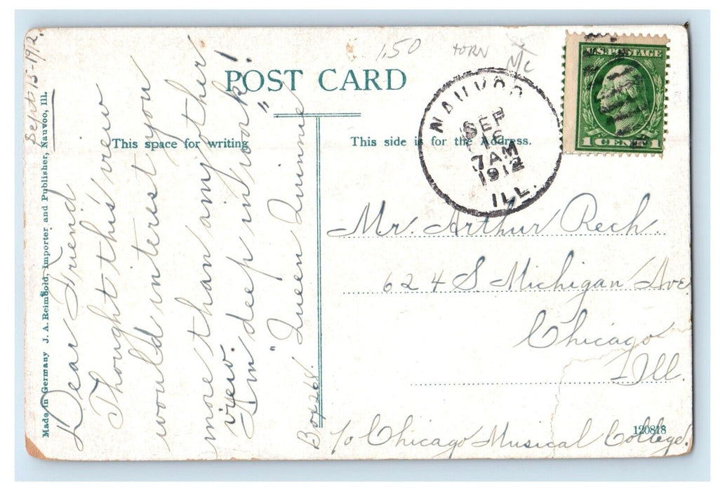 1912 View Of Lover's Glen Waterfall Nauvoo Illinois IL Posted Antique Postcard