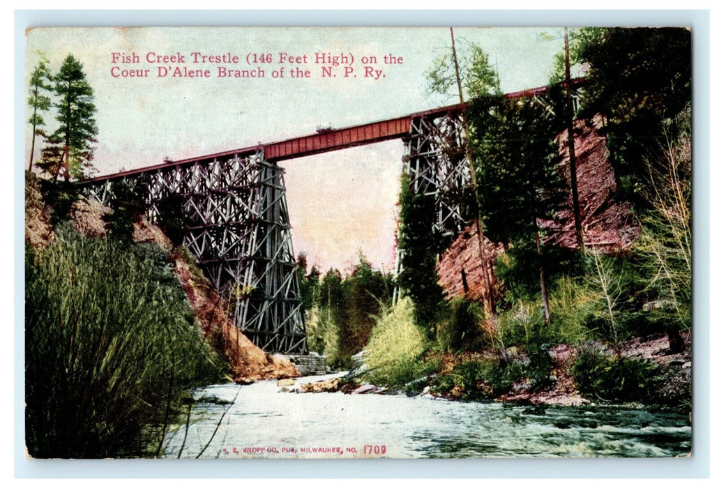 c1910 Fish Creek Trestle Coeur D'Alene Branch N.P. Railway Idaho ID Postcard
