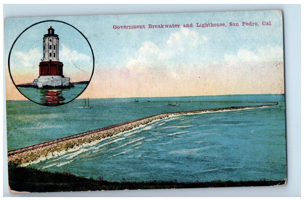 1918 Government Breakwater And Lighthouse San Pedro California CA Postcard