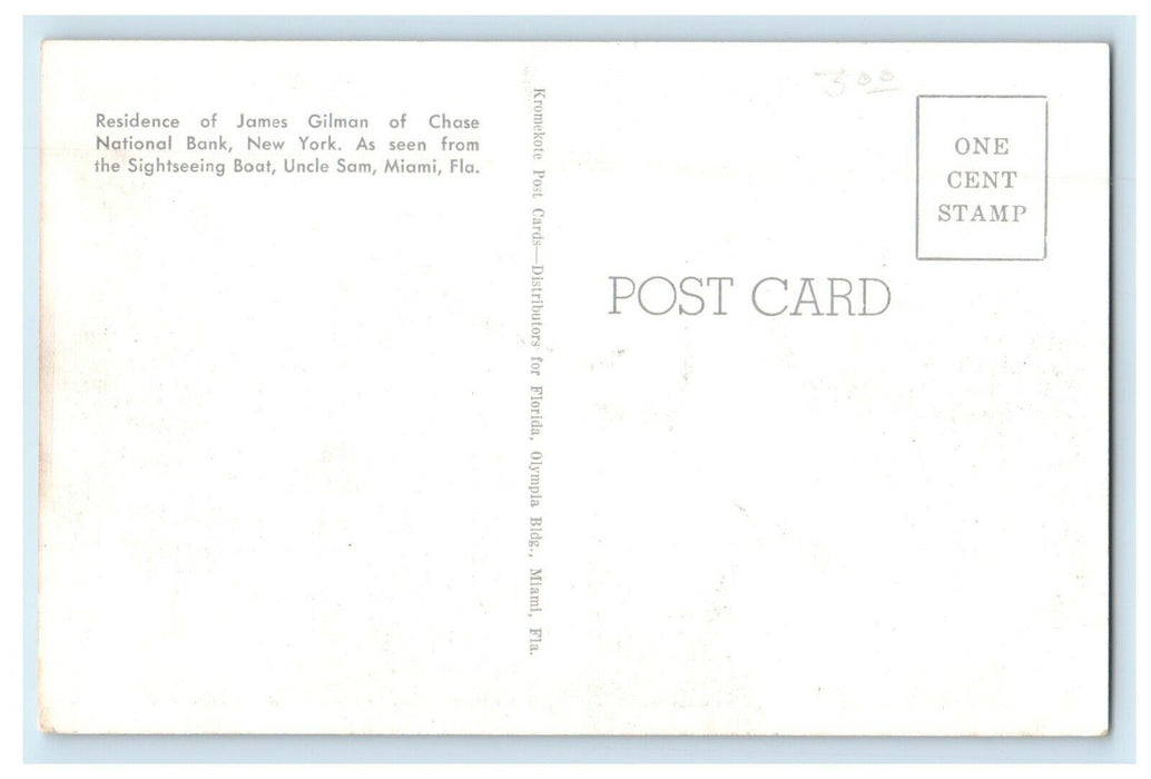 Residence Of James Gilman Of Chase National Bank Miami Florida FL Postcard
