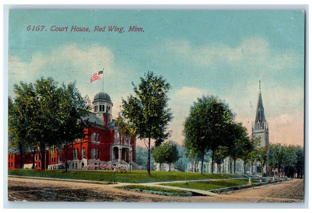 1911 Court House Building Tower Dirt Road Church Red Wing Minnesota MN Postcard