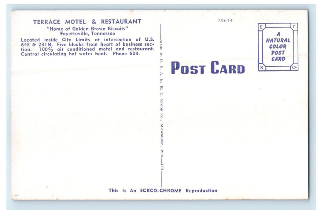 Terrace Motel & Restaurant Intersection U.S Fayetteville Tennessee TN Postcard