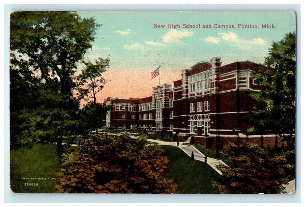 c1910s New High School and Campus, Pontiac, Michigan MI Posted Postcard
