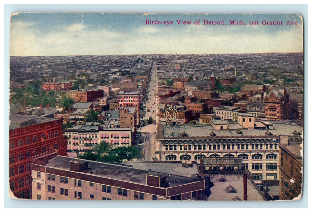 c1910s Bird's Eye View of Detroit Michigan MI out Gratiot Ave. Antique Postcard