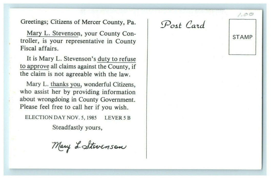 1985 Mary Stevenson Political Advertising Mercer County Pennsylvania PA Postcard